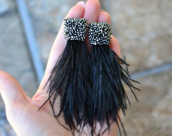 Natural feather earrings Black steel gray grey Watterfall beaded clip on  tassel earrings Bohemian boho Statement beadwork