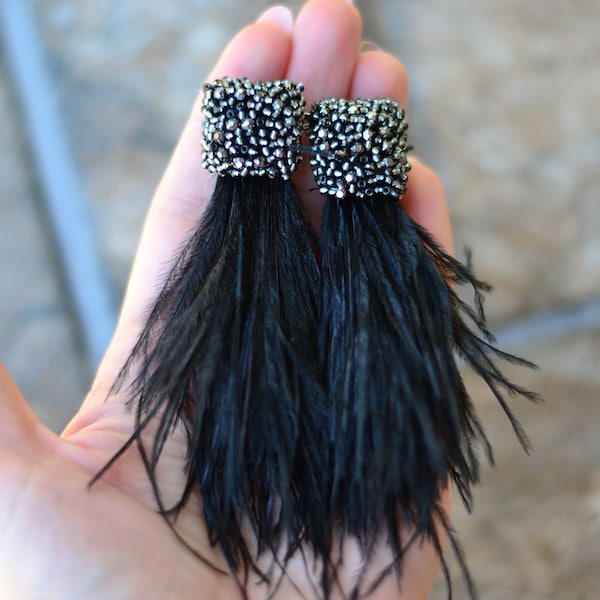 Natural feather earrings Black steel gray grey Watterfall beaded clip on  tassel earrings Bohemian boho Statement beadwork