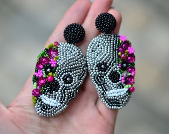 Sugar Skull Earrings, Frida Inspired Statement Earrings, Day of the Dead Jewelry, Beaded Skull Art Halloween Earrings, Gothic Floral Jewelry