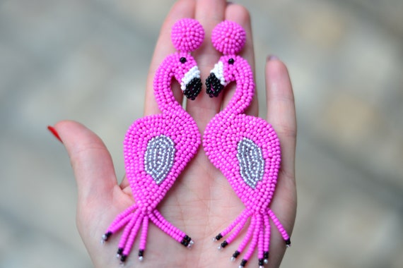 Beaded Pink Flamingo Earrings Hot Pink Embroidered Bird Animal Jewelry  Chunky Long Statement Summer Bright Funny Drop Dangle Beadwork 
