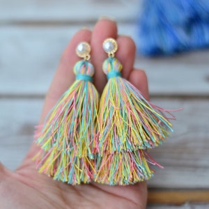 Tiered silk tassel earrings Two layers red pink brown black  blue statement earrings