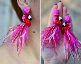 Flamingo earrings Hot pink red beaded bird jewelry statement drop dangle feather beadwork