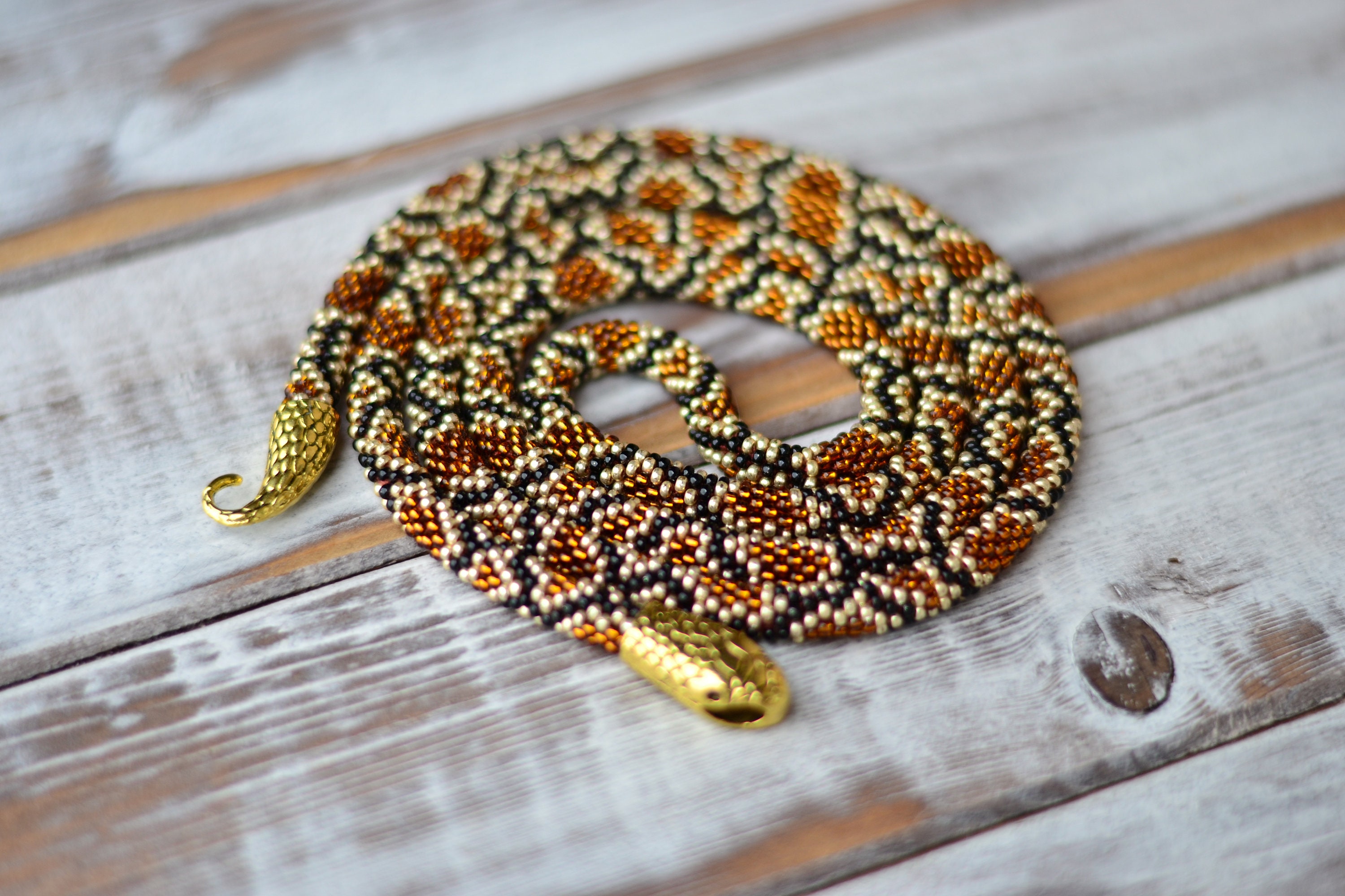 Snake Necklace Beaded Brown Gold Python Animal Long Lariat Transformer ...