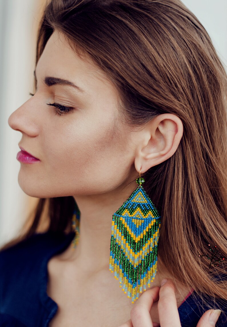 Long Green Fringe beaded earrings Native American Bohemian bead earrings Modern African beadwork chandalier earrings St Patrick/'s Day
