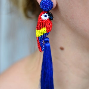 Beaded bright parrot cockatoo bird embroidered tassel earrings. Bohemian boho tropical earrings. Statement beadwork
