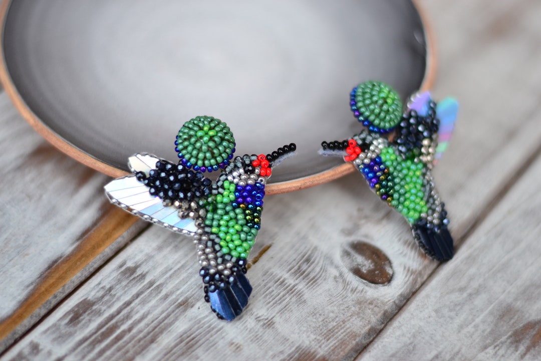 Beaded Hummingbird Earrings Tropical Bird Animal Jewelry Etsy