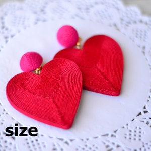 Heart earrings Red hot pink cora Fashion trendy Chunky big love Cord clip on earrings Rebecca de Ravenel Drop dangle statement jewelry image 8