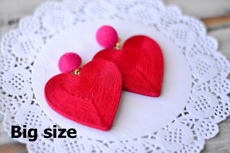 Heart earrings Red hot pink cora Fashion trendy Chunky big love Cord clip on earrings Rebecca de Ravenel Drop dangle statement jewelry image 8