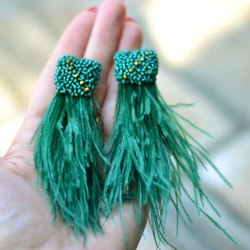 Gold Emerald Green Bohemian Fringe Earrings Statement Boho Etsy