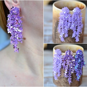 Floral drop sequins earrings Lavender purple amethyst violet