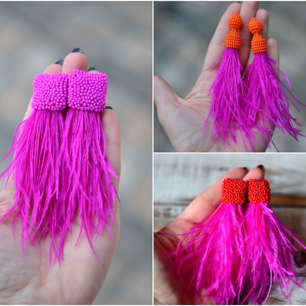 Feather tassel beaded earrings Hot pink fuchsia High quality beadwork jewelry Oscar style earrings New trend statement jewelry