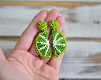 Beaded lime fruit earrings Tropical citrus jewelry Statement summer bright funny drop dangle fruit beadwork