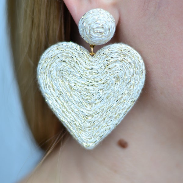 Heart earrings Ivory gold cora Wedding bridal earrings Chunky big love Cord clip earrings Rebecca de Ravenel Drop dangle statement jewelry