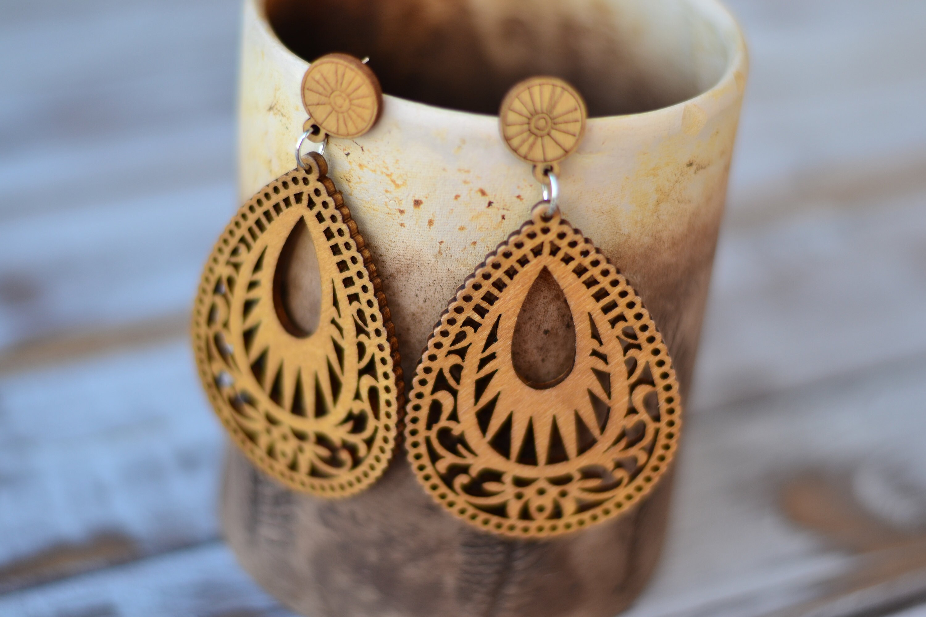 Wooden Teardrop Earring Chunky Dangle Drop Wood Earrings Etsy