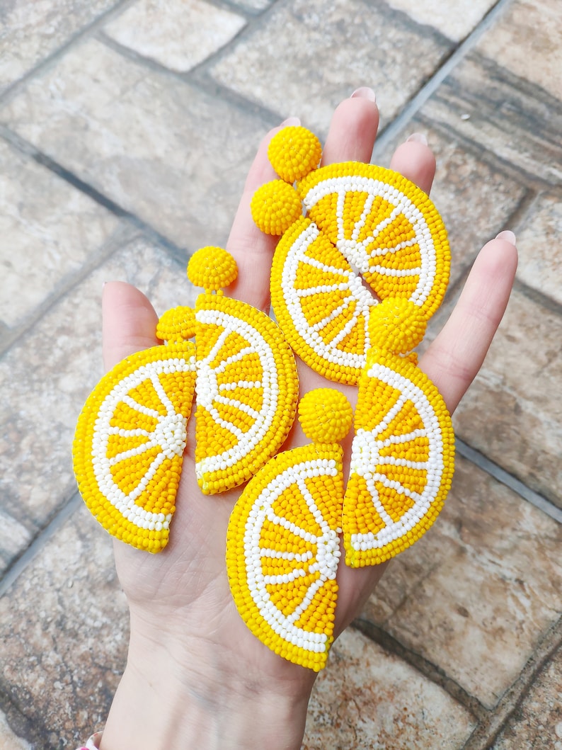 Beaded Lemon Fruit Earrings Yellow Embroidered Tropical Citrus Etsy