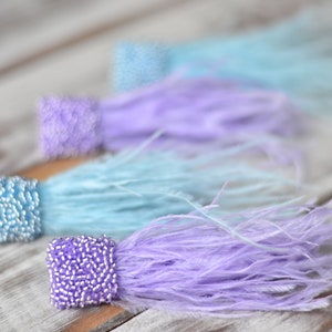 Lilac Feather Earrings: Beaded Ostrich Bohemian Dangle Earrings