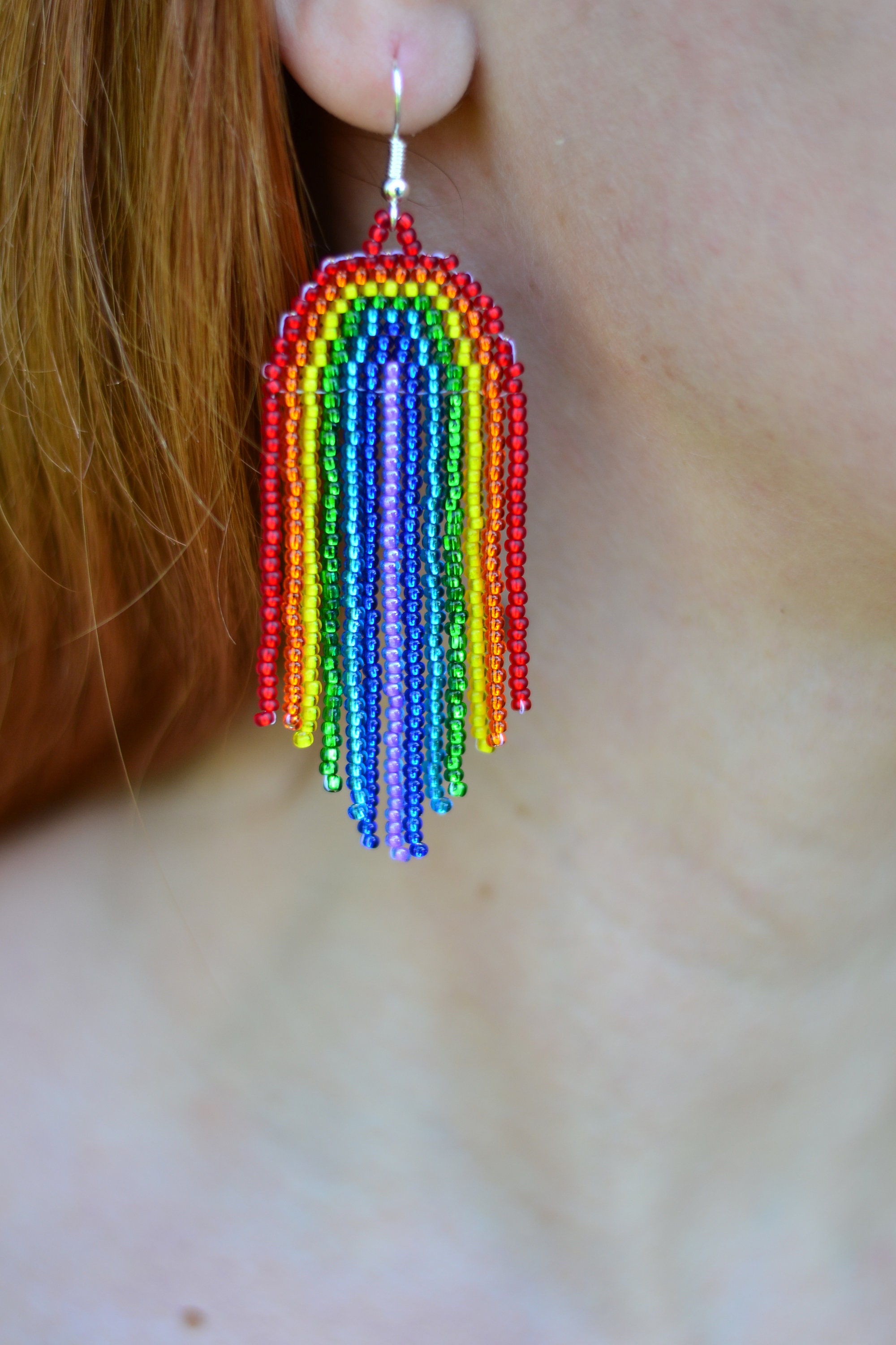 Rainbow beaded fringe chandelier earrings Etsy