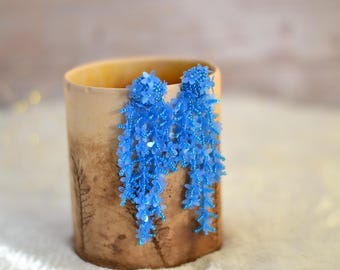 Azure Blue Floral Sequin Drop Earrings: Handmade Wedding Jewelry