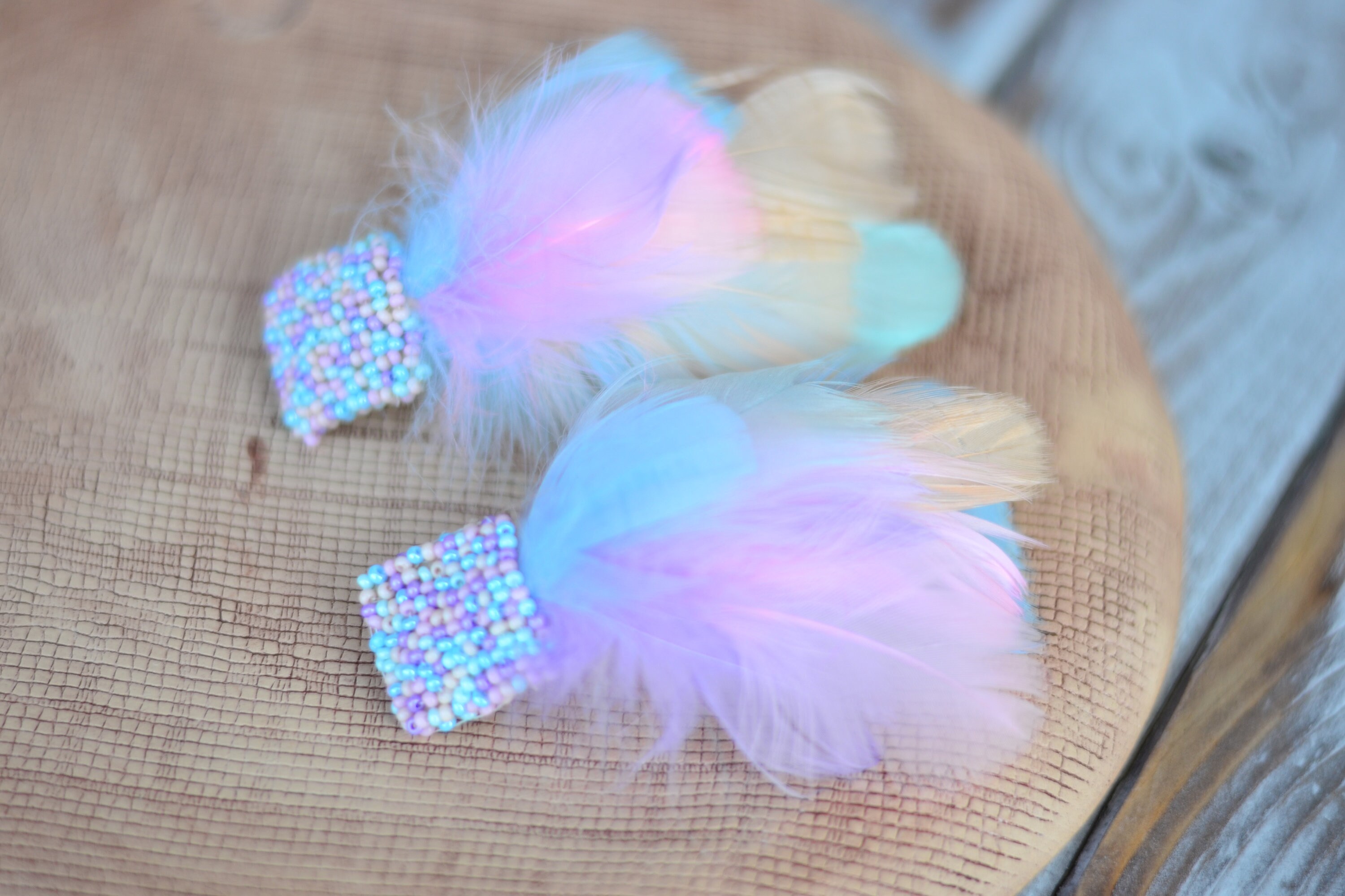 Bohemian boho feather earrings Candy natural soft blue pink pearch watterfall beaded earrings