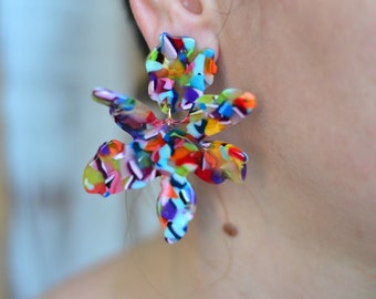 Colorful Lily acetate Flower drop earrings Statement chunky big dangle floral earrings