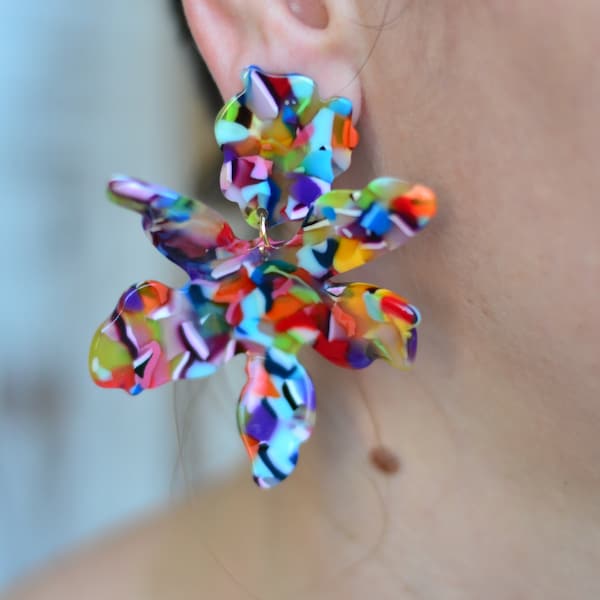 Colorful Lily acetate Flower drop earrings Statement chunky big dangle floral earrings