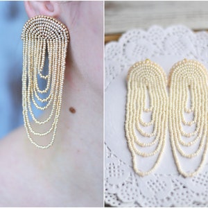 Wedding bridal earrings Gold ivory bohemian fringe earrings Statement boho chandelier tassel dangle seed beaded