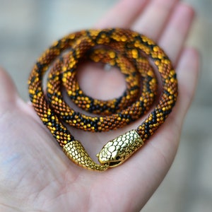 Snake necklace beaded brown gold python animal long lariat transformer neckpiece