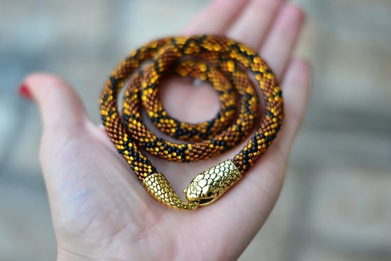Snake Necklace Beaded Brown Gold Python Animal Long Lariat Transformer Neckpiece Etsy