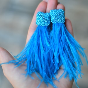 Turquoise aquamarine blue feather beaded earrings Bohemian boho ostrich feather clip on geometric earrings Natural statement earrings