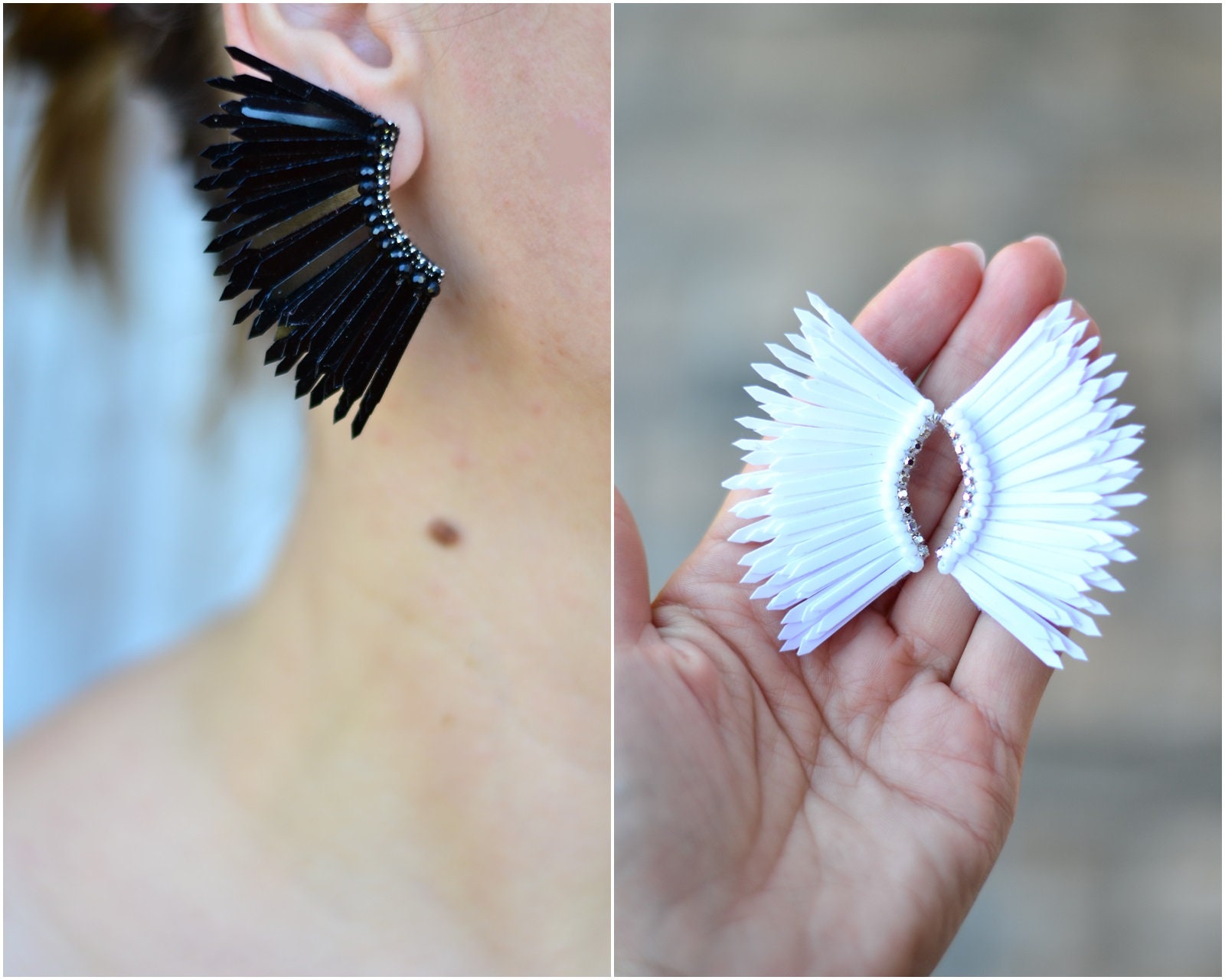 Small White Black Wings Earrings Etsy