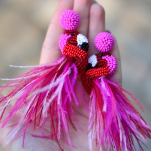 Flamingo earrings Hot pink red beaded bird jewelry statement drop dangle feather beadwork
