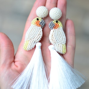 Beaded Ivory Parrot Earrings: Embroidered Long Tassel Boho Jewelry Bohemian tropical earrings beadwork