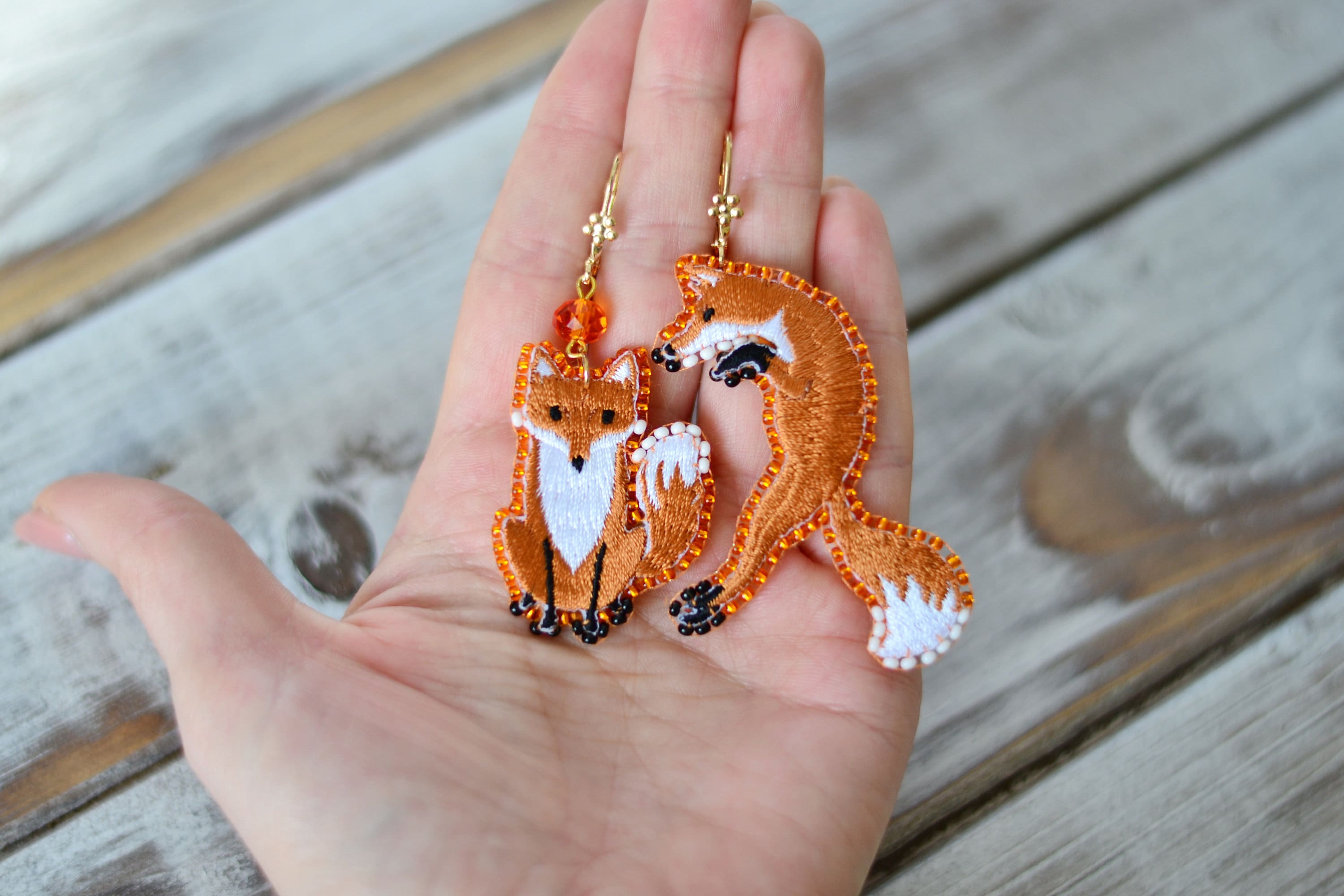 Fox earrings animal forest drop earrings orange funny cool unique embroidered beaded earrings