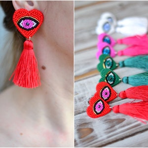 Evil eye heart earrings Hot pink red emerald green white tassel beaded eye earrings