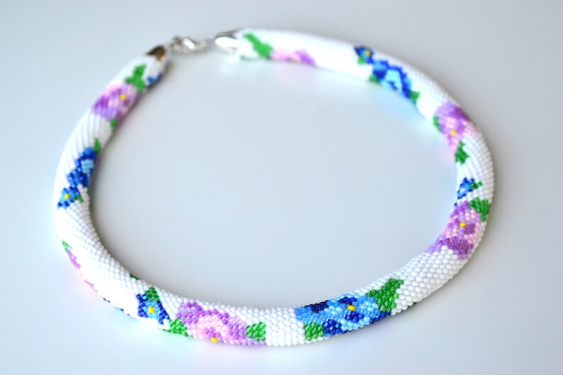 Pansy Beaded Crochet Rope Necklace Jewelry White Blue Violet Etsy
