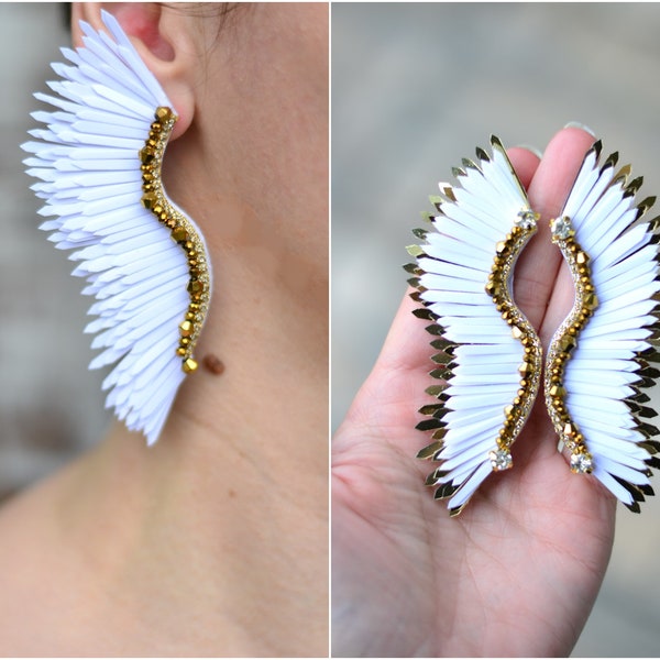 Wings earrings Sequins angel white gold wings earrings Statement huge chunky wedding prom celebrity earrings