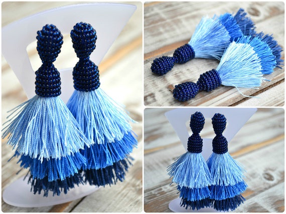 Blue Ombre Tiered Silk Tassel Beaded Earrings Three Layer Navy | Etsy