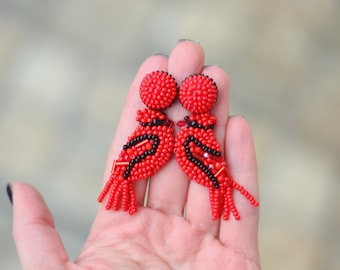 Red Cardinal beaded earrings, Songbird earrings, bird lover sequins embroidered jewelry Gifts for mom