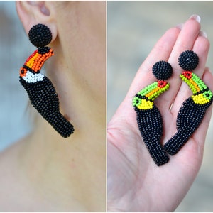 Beaded toucan earrings Tropical bird animal jewelry Embroidered Statement summer bright funny drop dangle beadwork