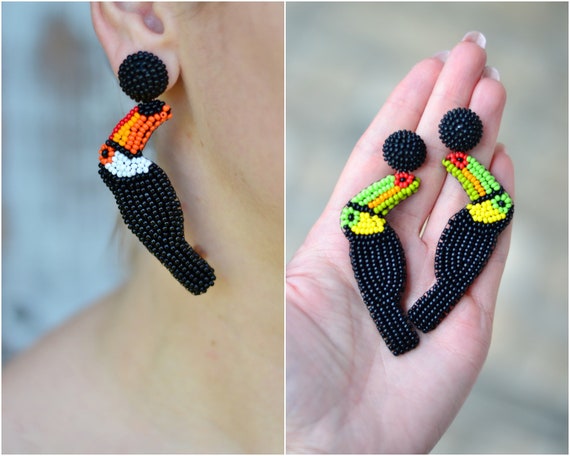 Beaded Toucan Earrings Tropical Bird Animal Jewelry Embroidered Statement  Summer Bright Funny Drop Dangle Beadwork 
