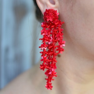 Red floral drop sequins earrings Oscar Statement flower dangle chandelier earrings, Bohemian boho earrings