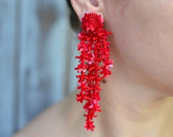 Red floral drop sequins earrings Oscar Statement flower dangle chandelier earrings, Bohemian boho earrings