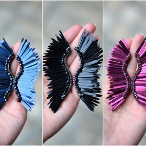 Wings earrings Sequins marsala wine navy blue black wings earrings Huge chunky rock earrings Statement crystal cool jewelry