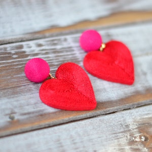 Heart earrings Red hot pink cora Fashion trendy Chunky big love Cord clip on earrings Rebecca de Ravenel Drop dangle statement jewelry image 4