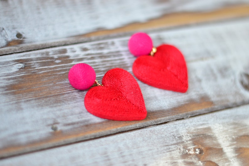 Heart earrings Red hot pink cora Fashion trendy Chunky big love Cord clip on earrings Rebecca de Ravenel Drop dangle statement jewelry image 4