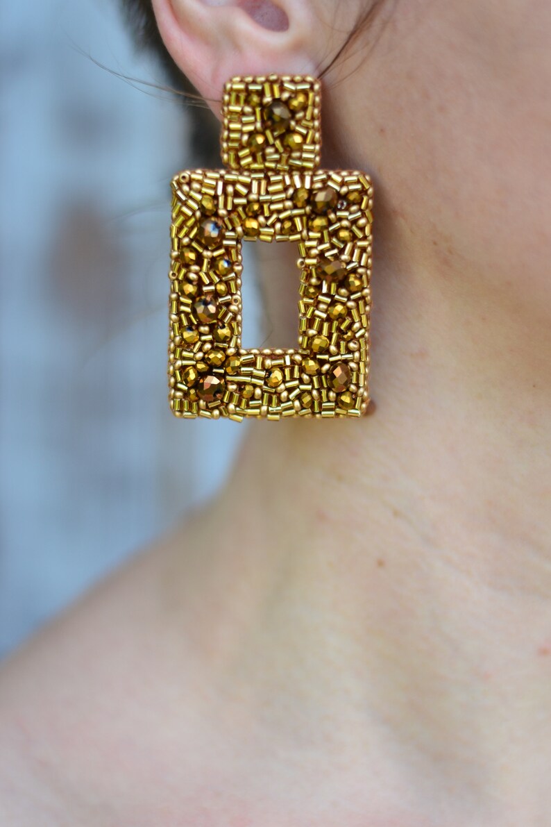Statement Geometric Gold Beaded Crystal Earrings Rectangle Etsy