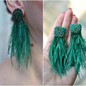 Feather earrings ostrich natural tassel emerald dark green gold Watterfall beaded crystal clip on earrings Bohemian boho Statement