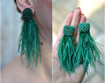 Feather earrings ostrich natural tassel emerald dark green gold Watterfall beaded crystal clip on earrings Bohemian boho Statement