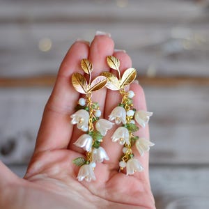 Lily of the Valley Earrings: Beaded white flower Boho bohemian Floral Dangle Drop Earrings