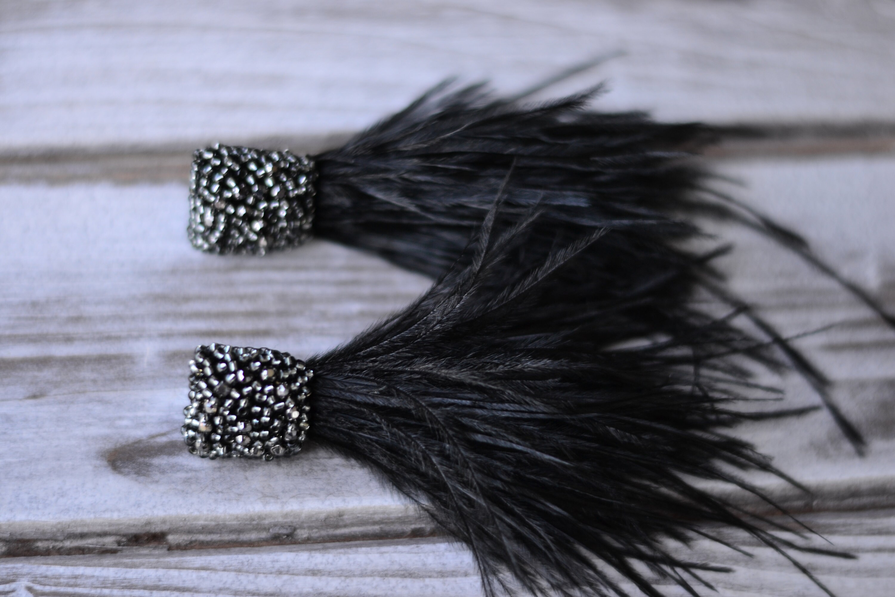 Natural Feather Earrings Black Steel Gray Grey Watterfall - Etsy